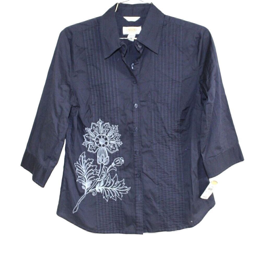 Talbots Womens S Stretch Cotton Blouse Blue Embroidered Elbow Sleeve NWT $58